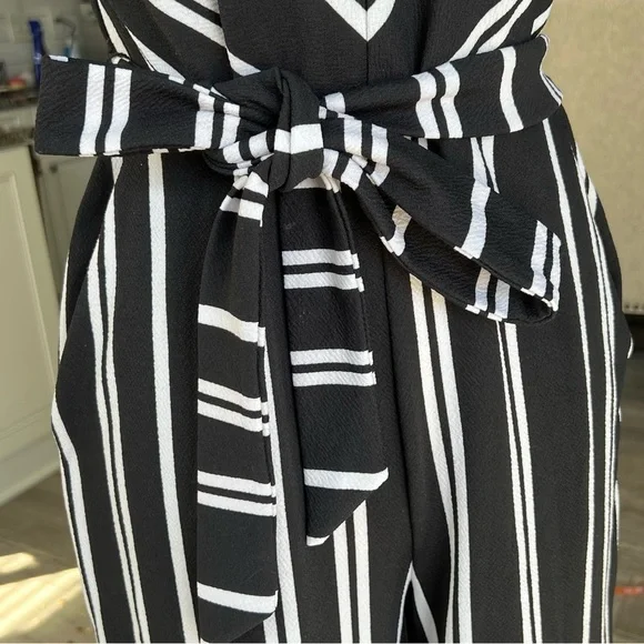 Ann Taylor Black & White Striped Tie Waist Wide Leg Cropped Jumpsuit | Size S - Picture 4 of 9